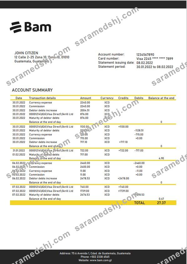Guatemala Agromercantil bank statement template, Word and PDF format